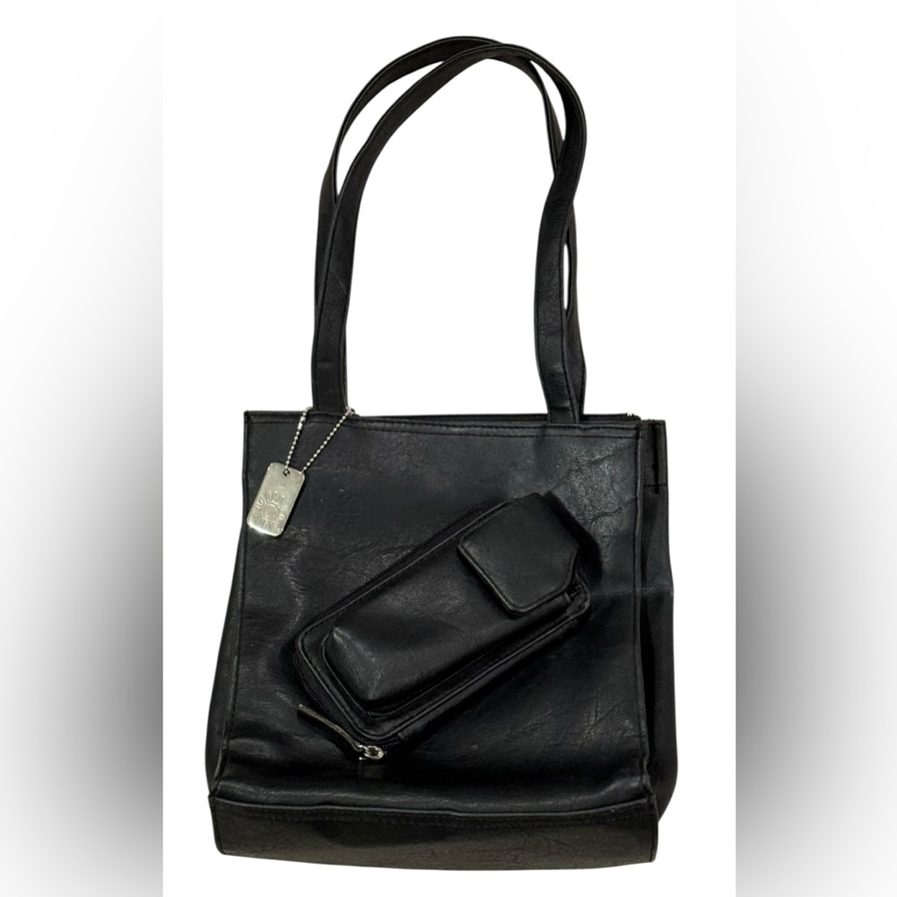 Vintage Y2K Faux Leather Tote With Attached Phone Holder & Wallet In Black